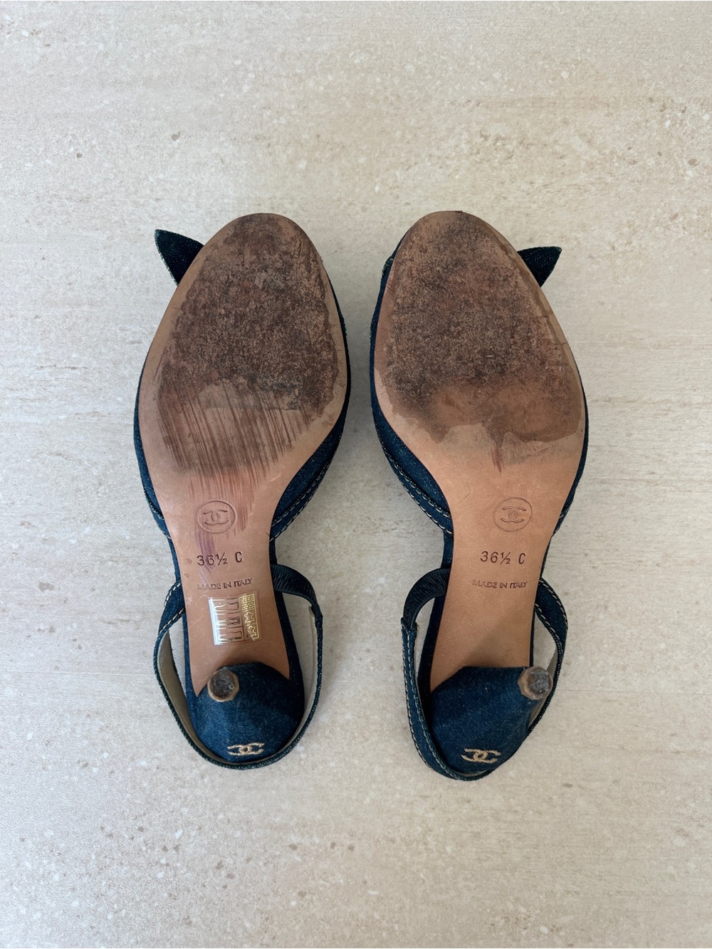 CHANEL Navy Denim Camellia Slingback Heels - Picture 6 of 9